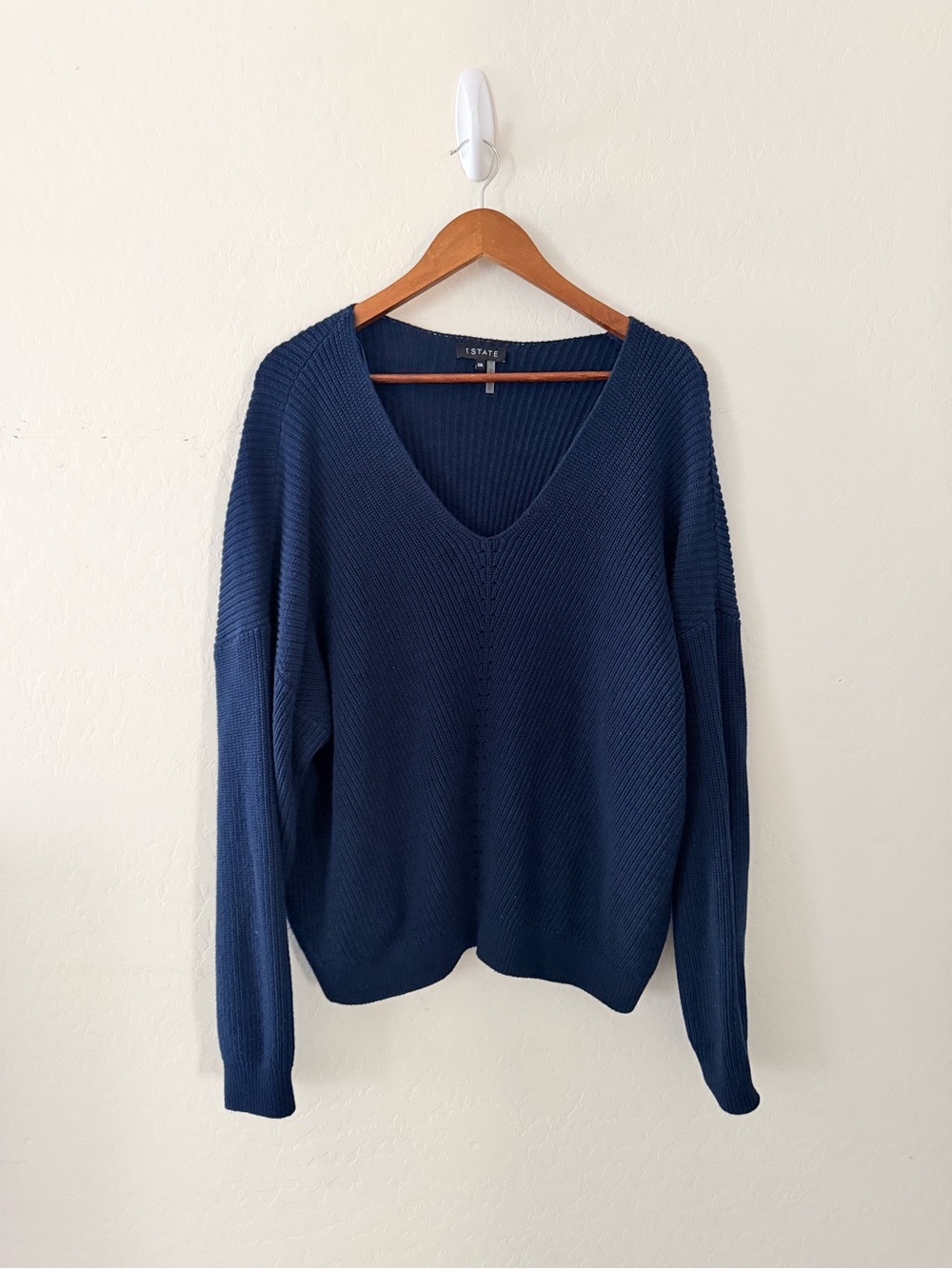 1. State Deep Navy Blue‎ V-Neck Textured Knit Ribbed Sweater XXL Oversized